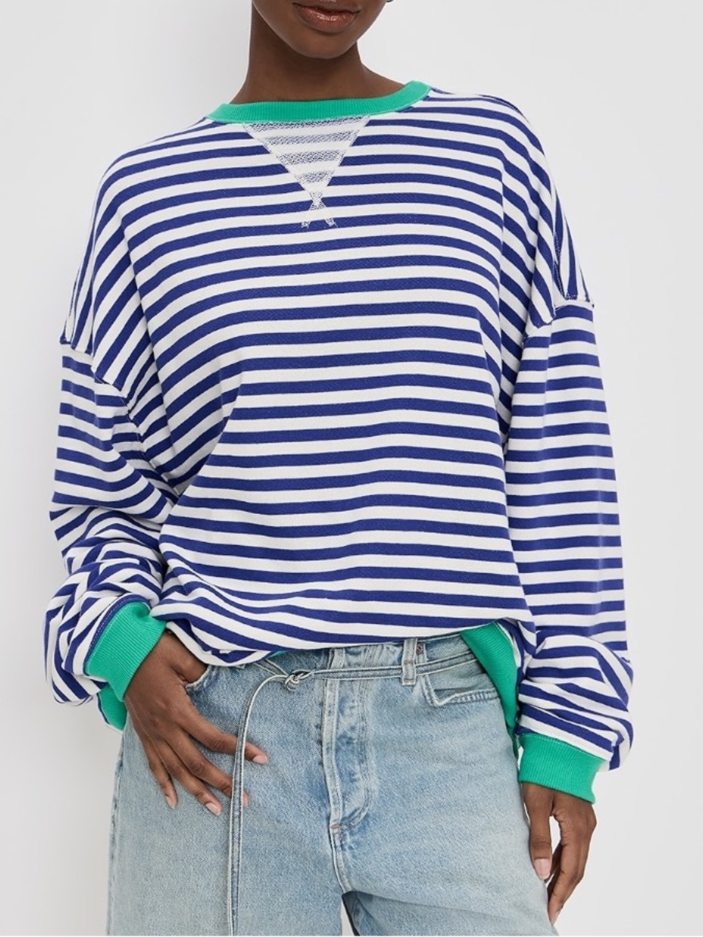 Free People We The Free Classic Striped Crew Long Sleeve Pullover Sand Dollar